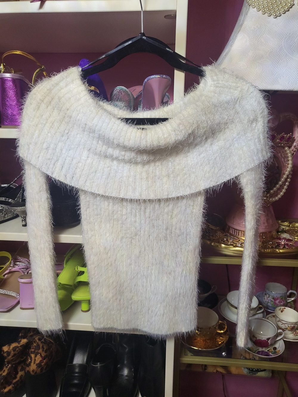 Forever 21 Cream Off-the-Shoulder Fuzzy Knit Sweater